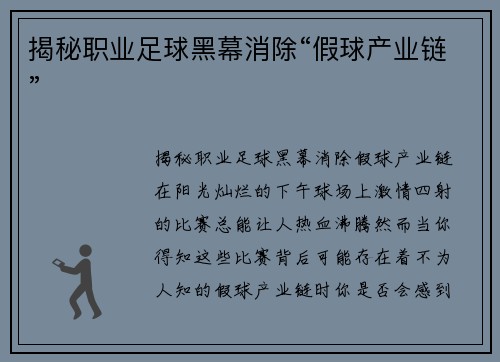揭秘职业足球黑幕消除“假球产业链”